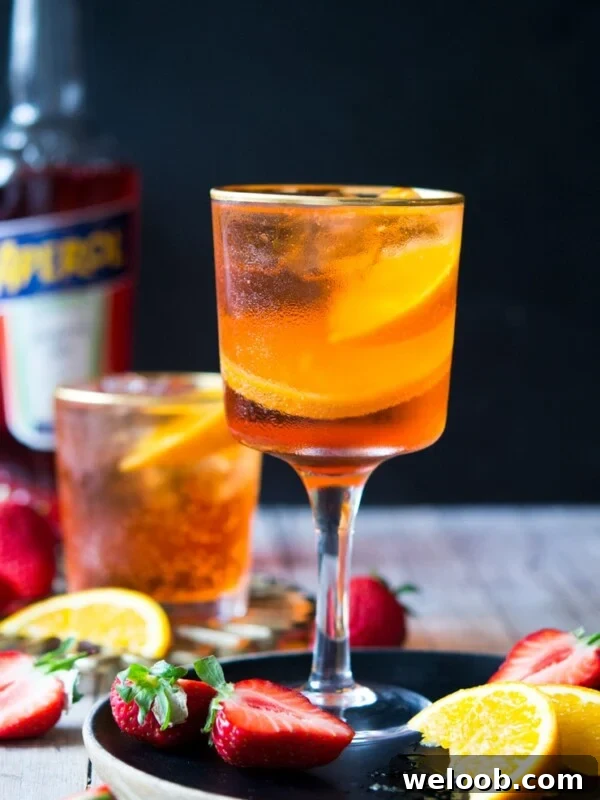 An aperol spritz cocktail in a wine glass with strawberries and oranges