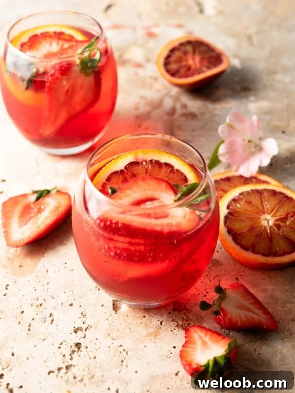 A campari cocktail in a round glass with strawberries