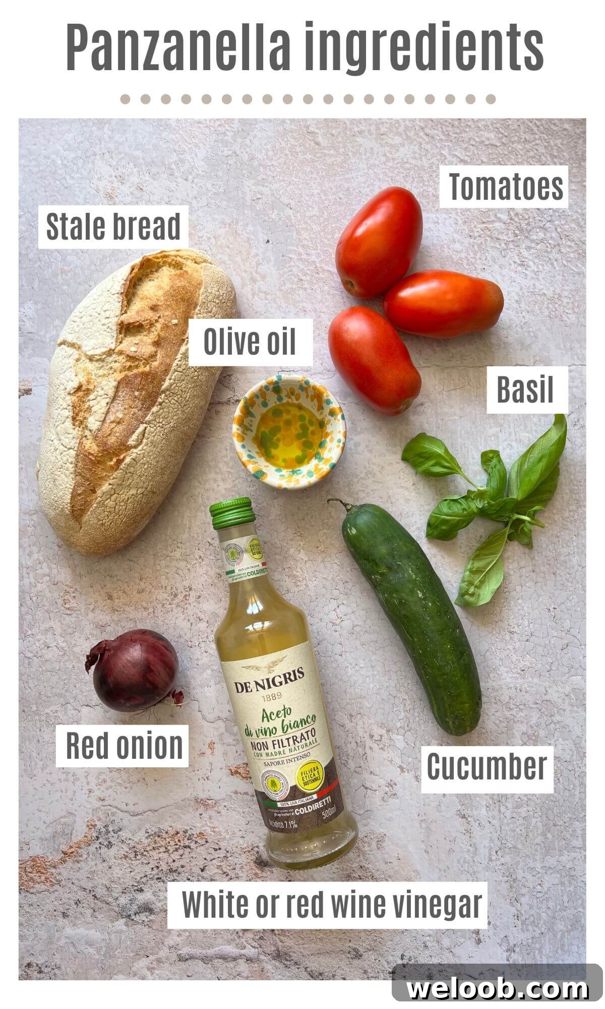 An overhead shot of all the ingredients you need to make an authentic Tuscan Panzanella salad.