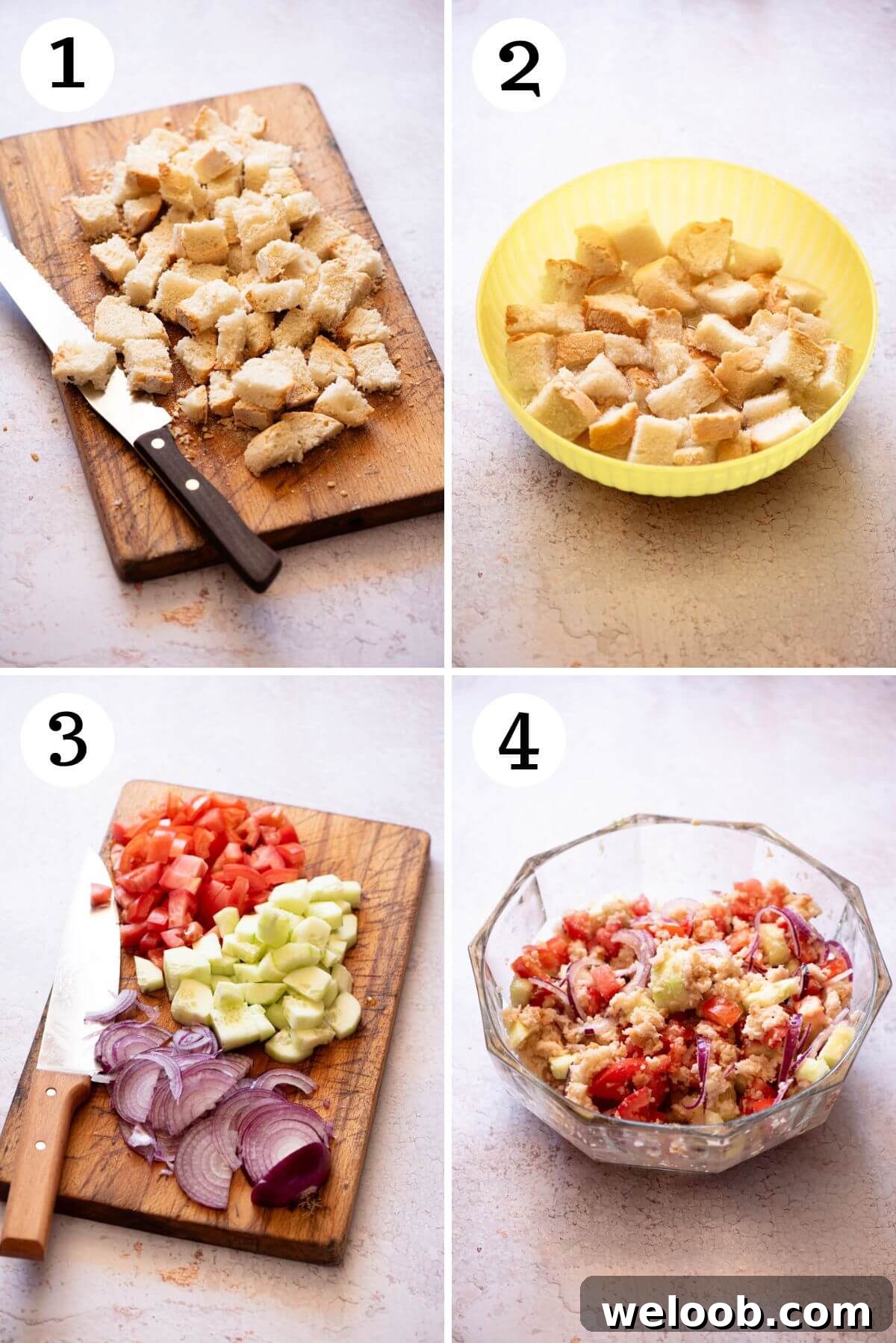 Four step by step photos showing how to make a Tuscan panzanella salad.