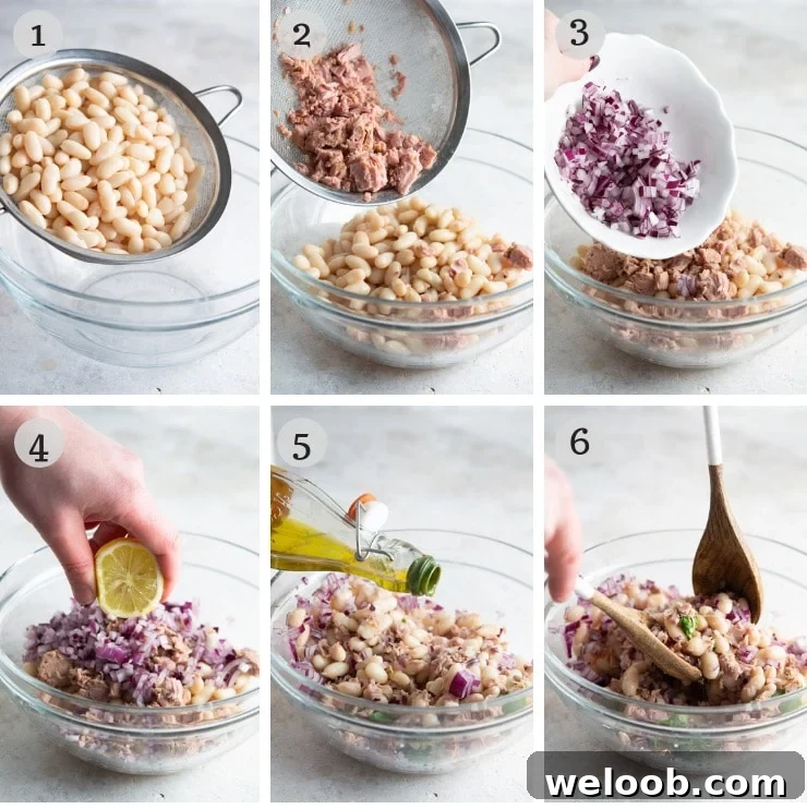 Step by step photos for making a white bean salad with tuna
