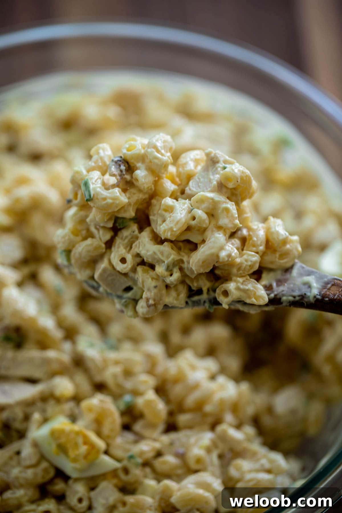 Wooden spoon lifted up of macaroni salad