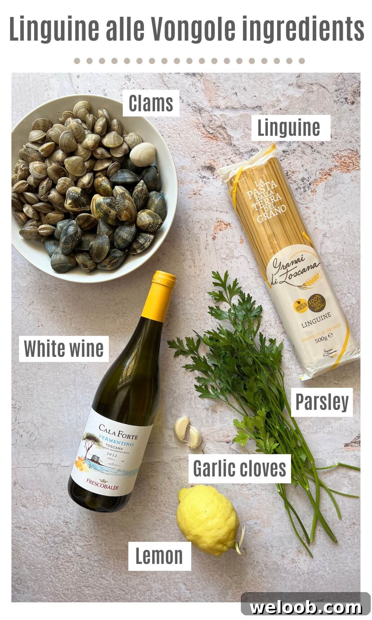 An overhead shot of all the ingredients you need to make Linguine alle Vongole.