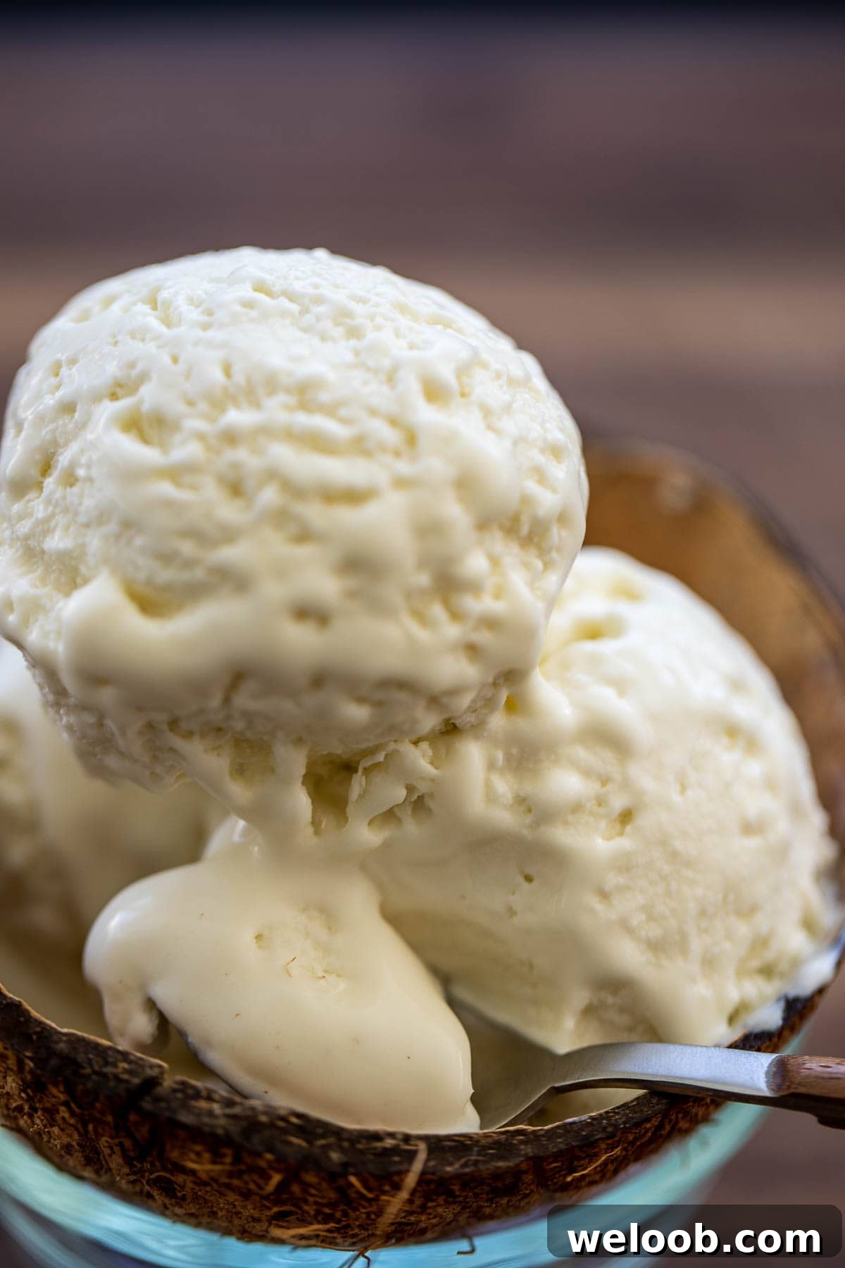 Scoops of ice cream in a bowl made from a coconut shell