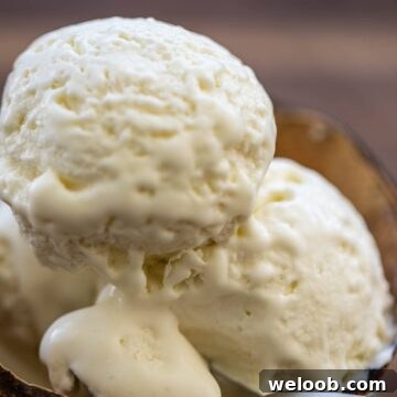 Scoops of ice cream in a bowl made from a coconut shell