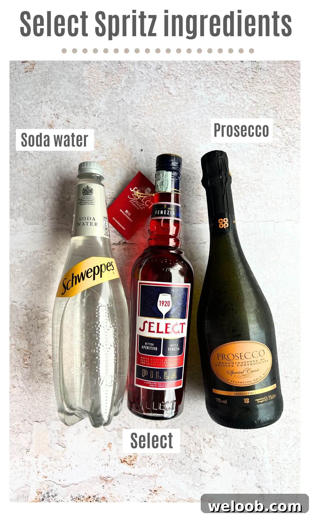 An overhead shot of all ingredients needed to make a Select Spritz cocktail.