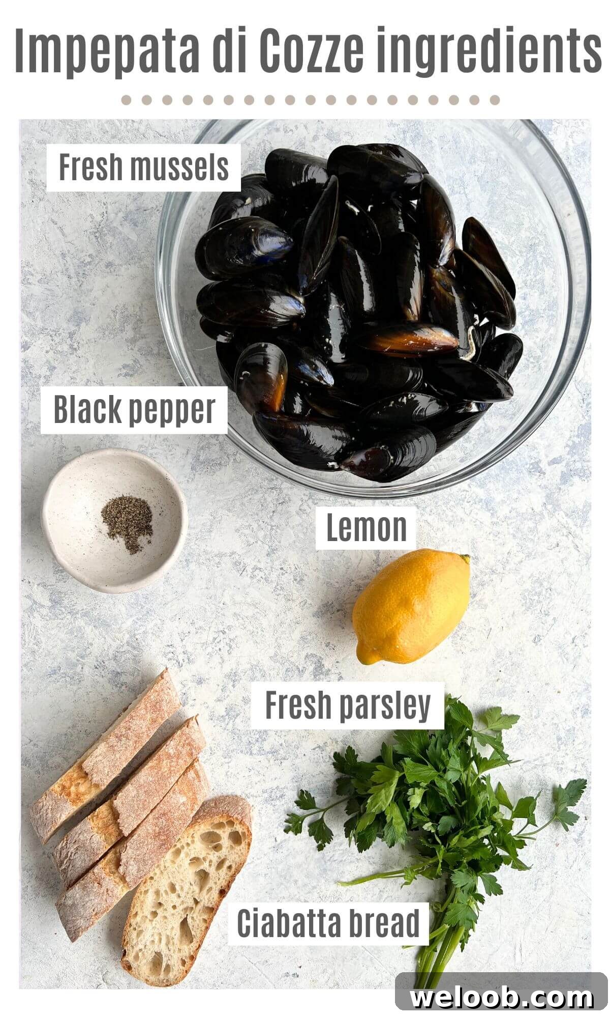 An overhead shot of all the ingredients needed to make Impepata di Cozze (mussels with pepper).