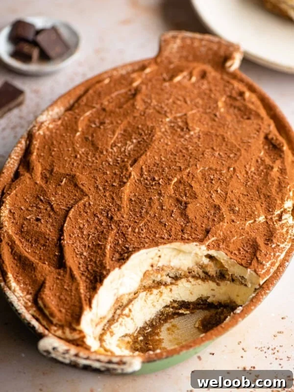 An oval dish of Tiramisu with a scoop out