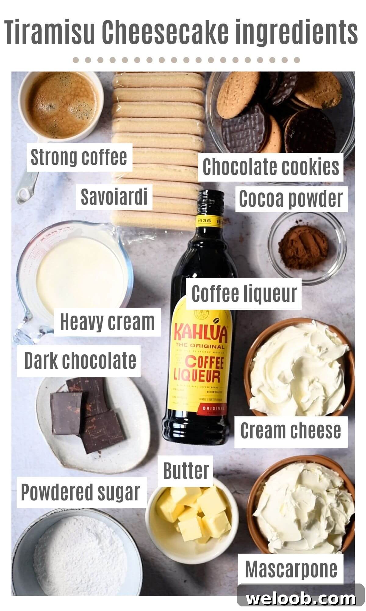 An overhead shot of all the ingredients you need to make a no bake Tiramisu cheesecake.