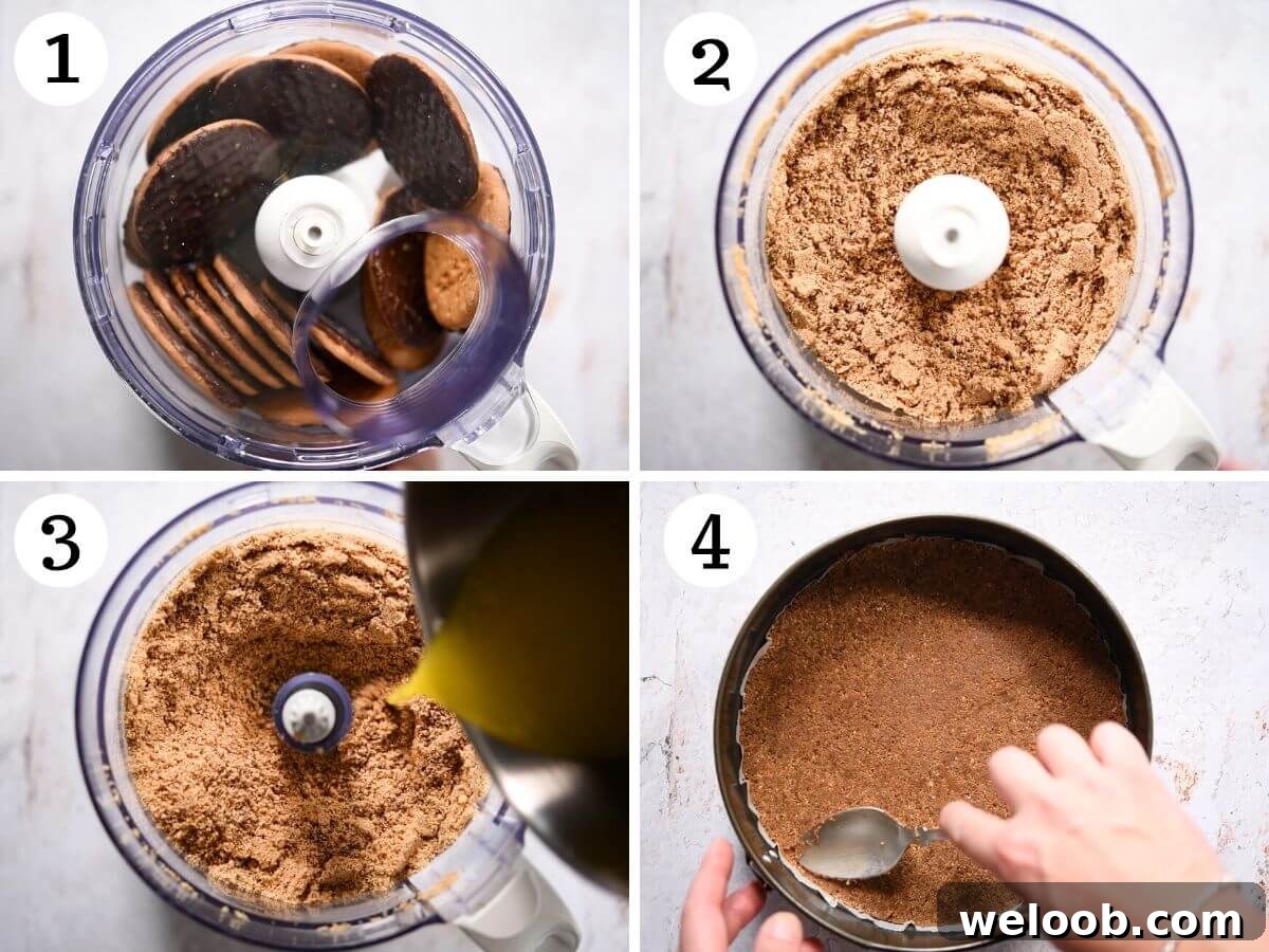 Four photos in a collage showing how to make a cheesecake base with cookie crumbs.