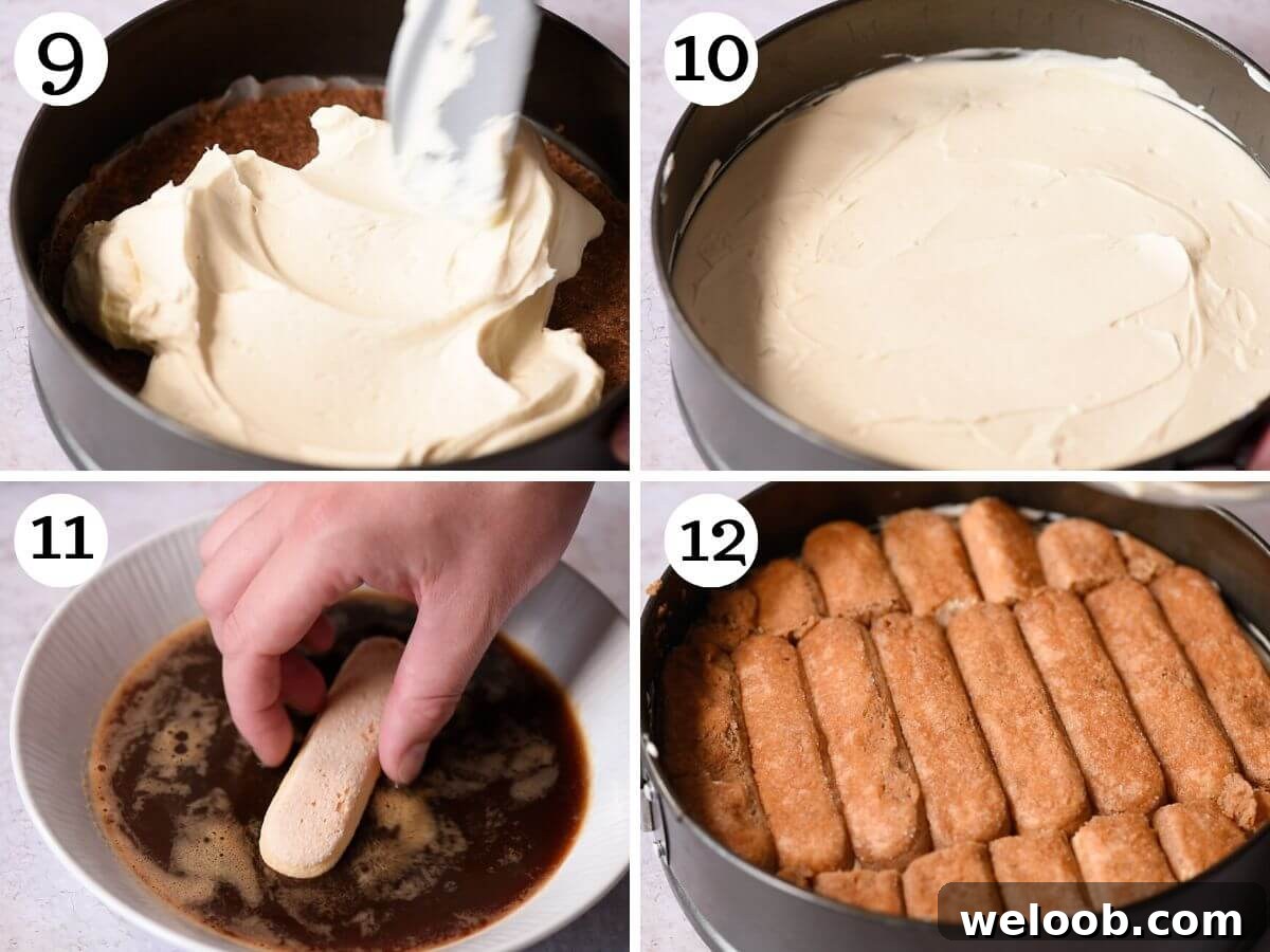 Four photos in a collage showing how to assemble the Tiramisu cheesecake.
