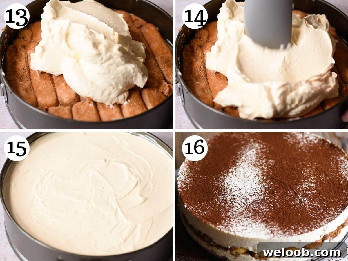 Four photos in a collage showing how to finish assembling a Tiramisu cheesecake