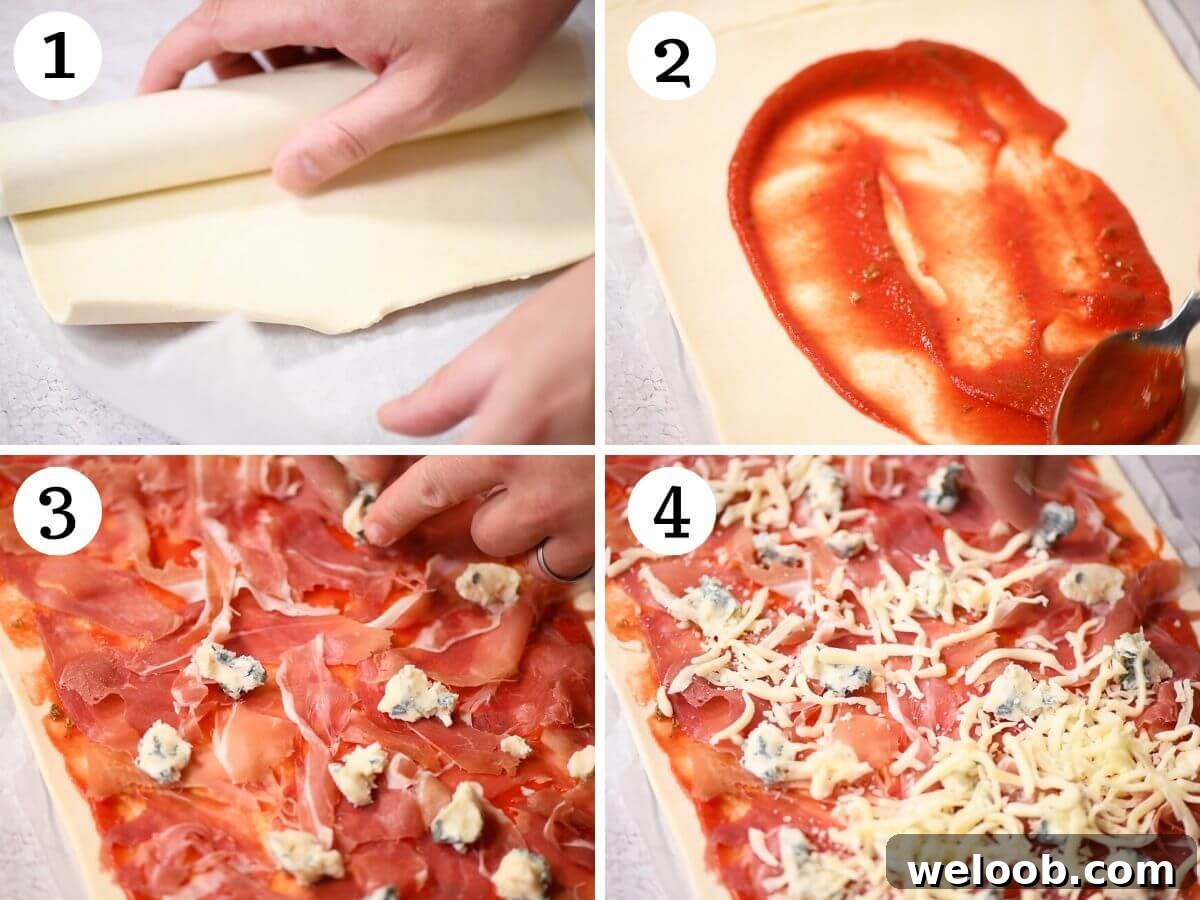 Four photos in a collage showing how to make Pizza Pinwheels with tomato, gorgonzola, prosciutto and mozzarella.