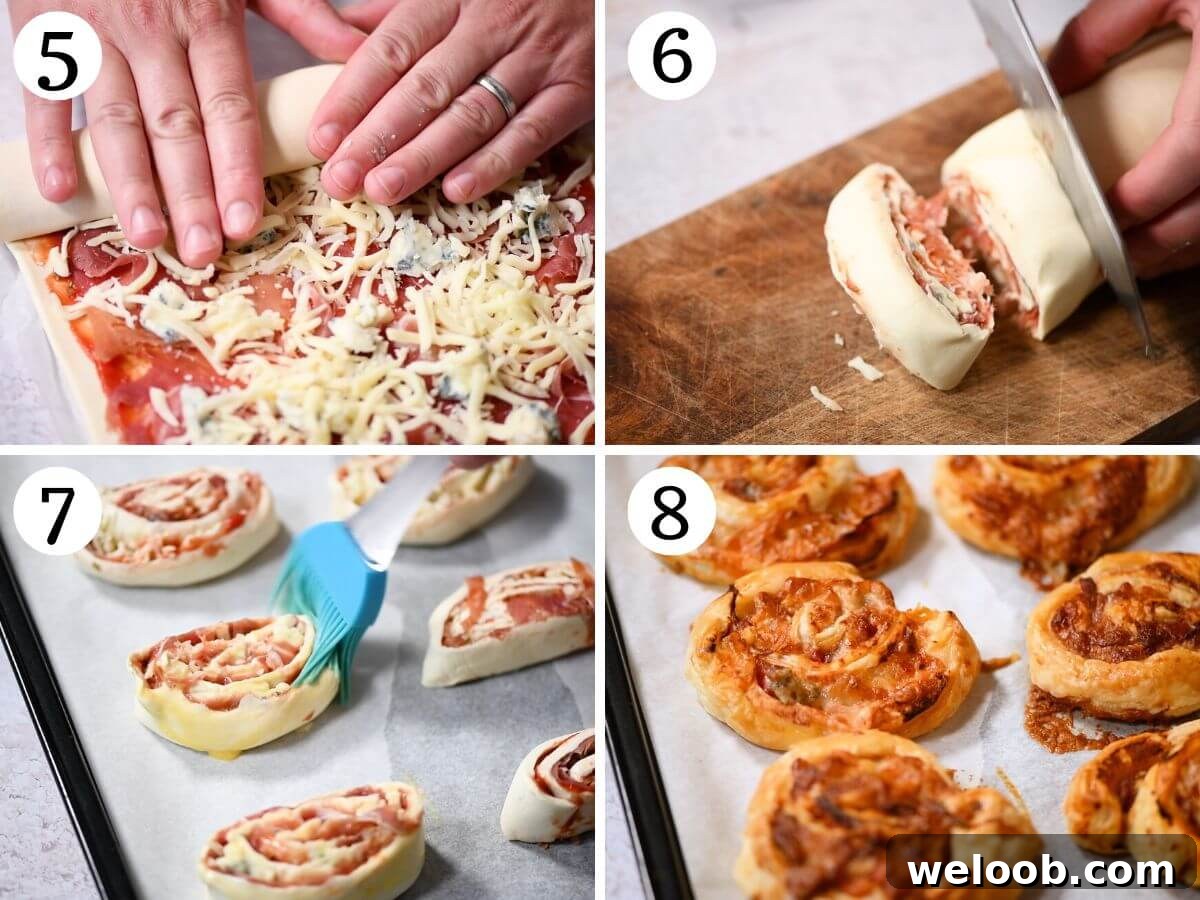 Four photos in a collage showing how to assemble and bake pizza pinwheels.