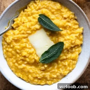 An overhead shot of pumpkin risotto in a bowl with a slice of cheese and sage leaves on top.