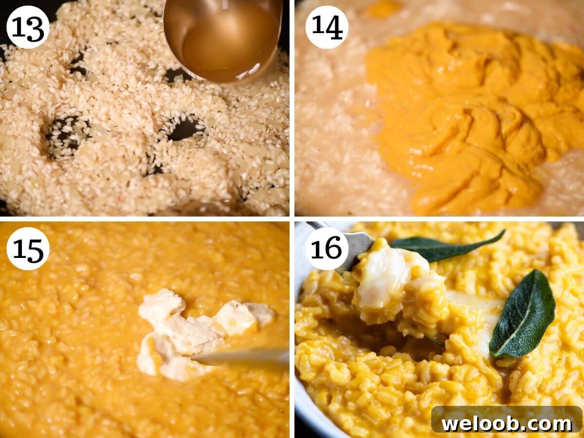 Four photos in a collage showing how to make pumpkin risotto with roasted pumpkin puree.