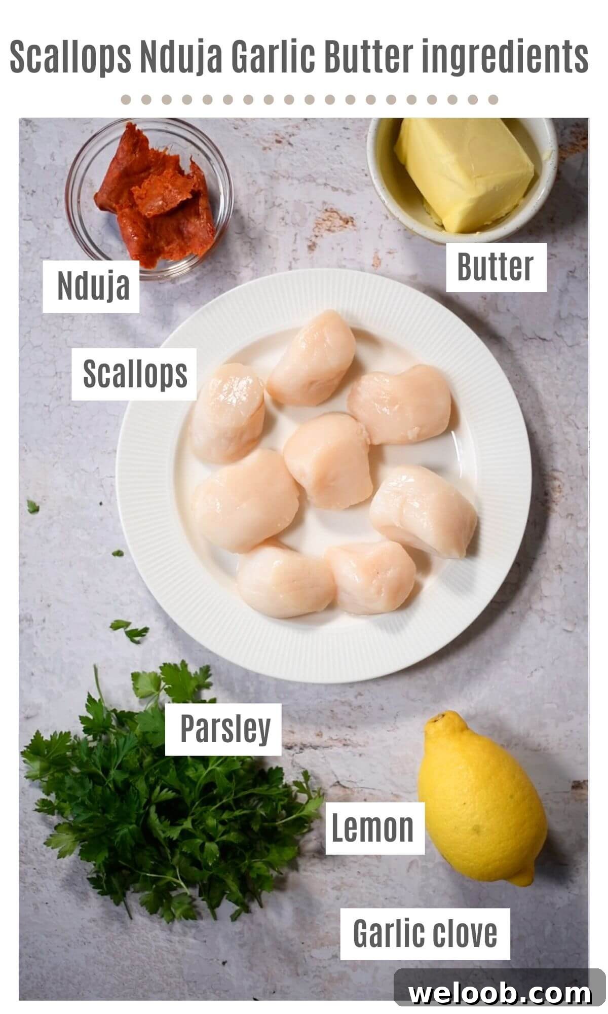 An overhead shot of all the ingredients needed to make Scallops with Nduja Garlic Butter.