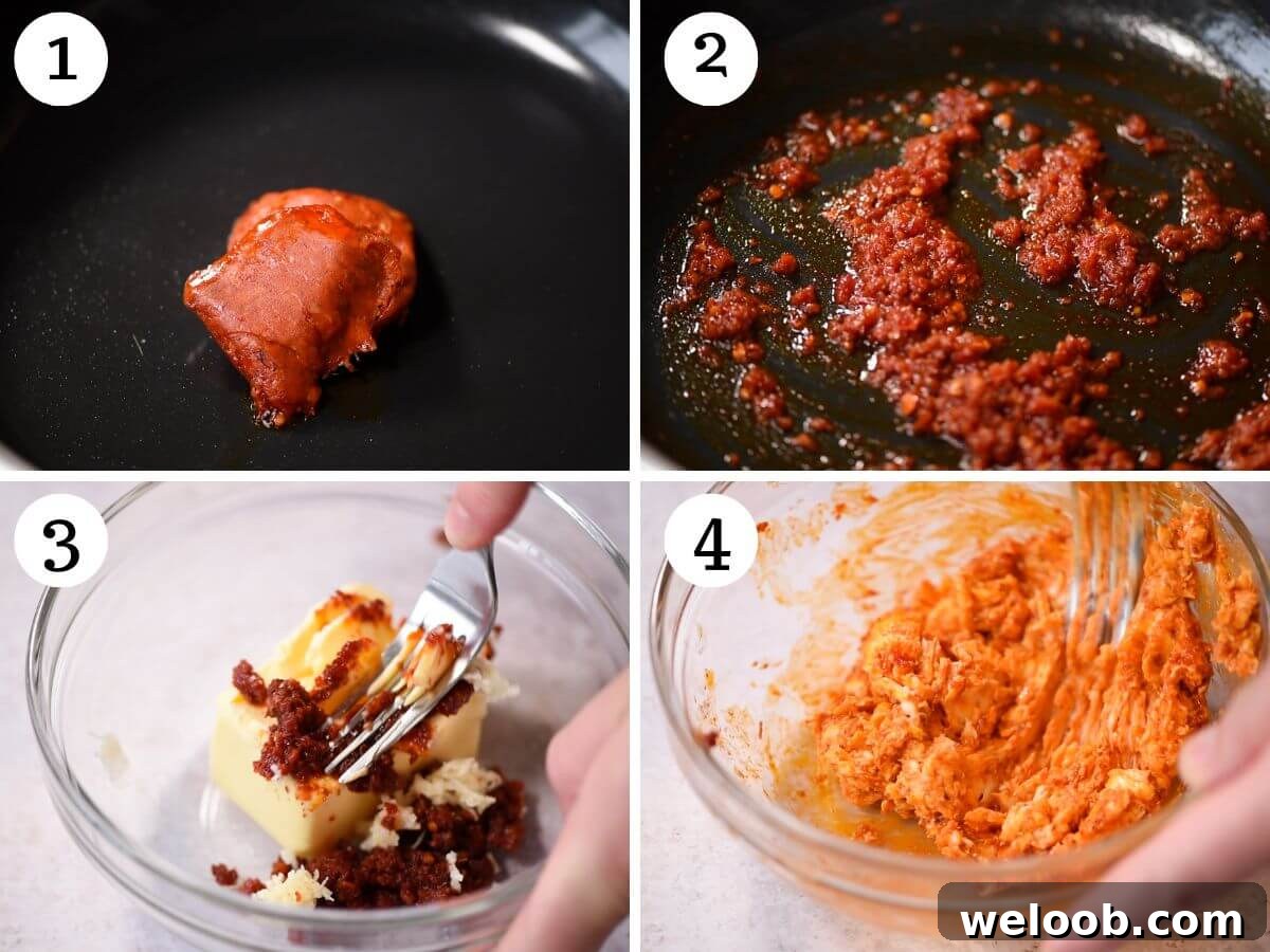 Four photos in a collage showing how to make Nduja Garlic Butter.