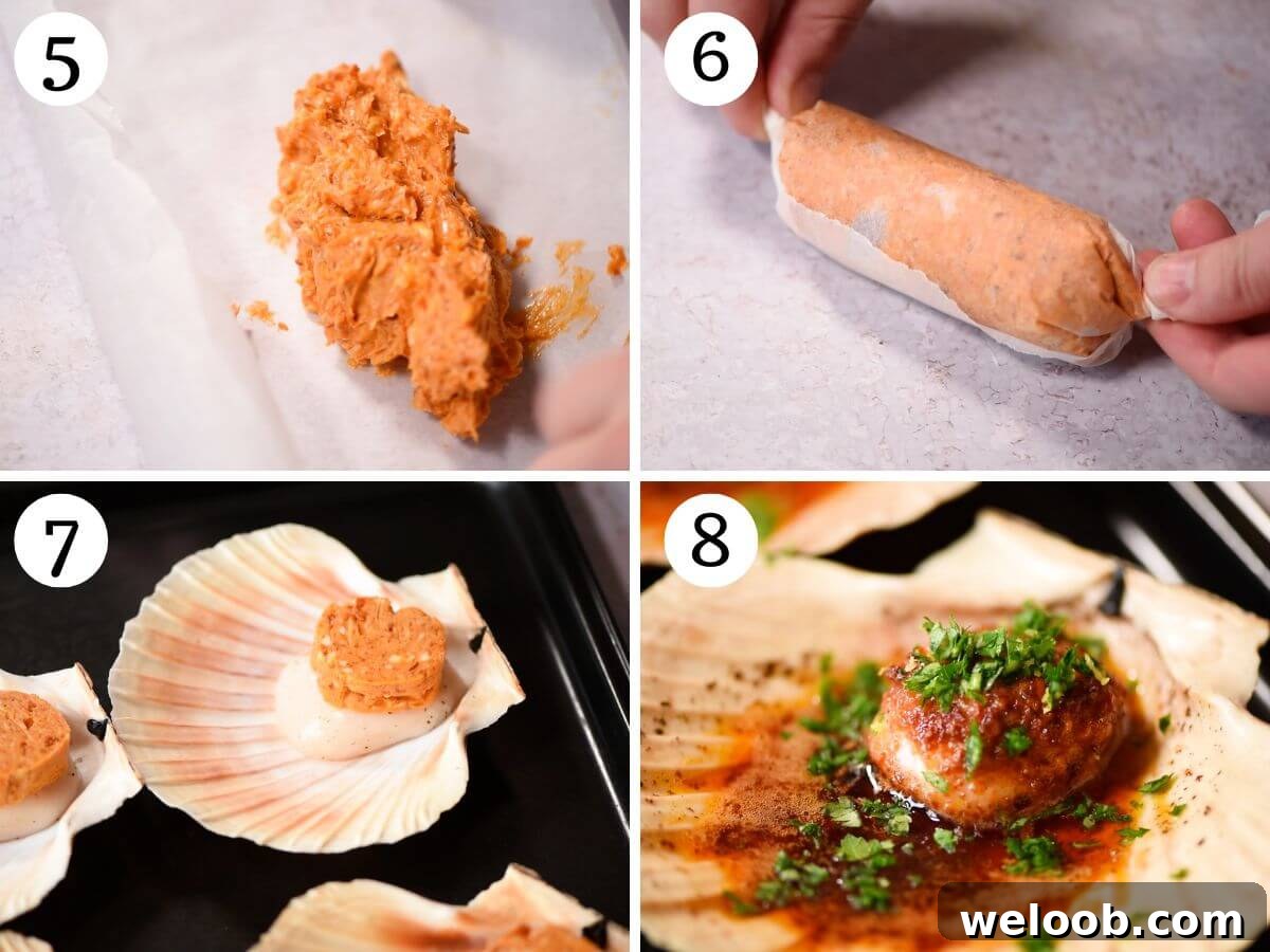 Four photos in a collage showing how to make scallops with Nduja Garlic Butter.
