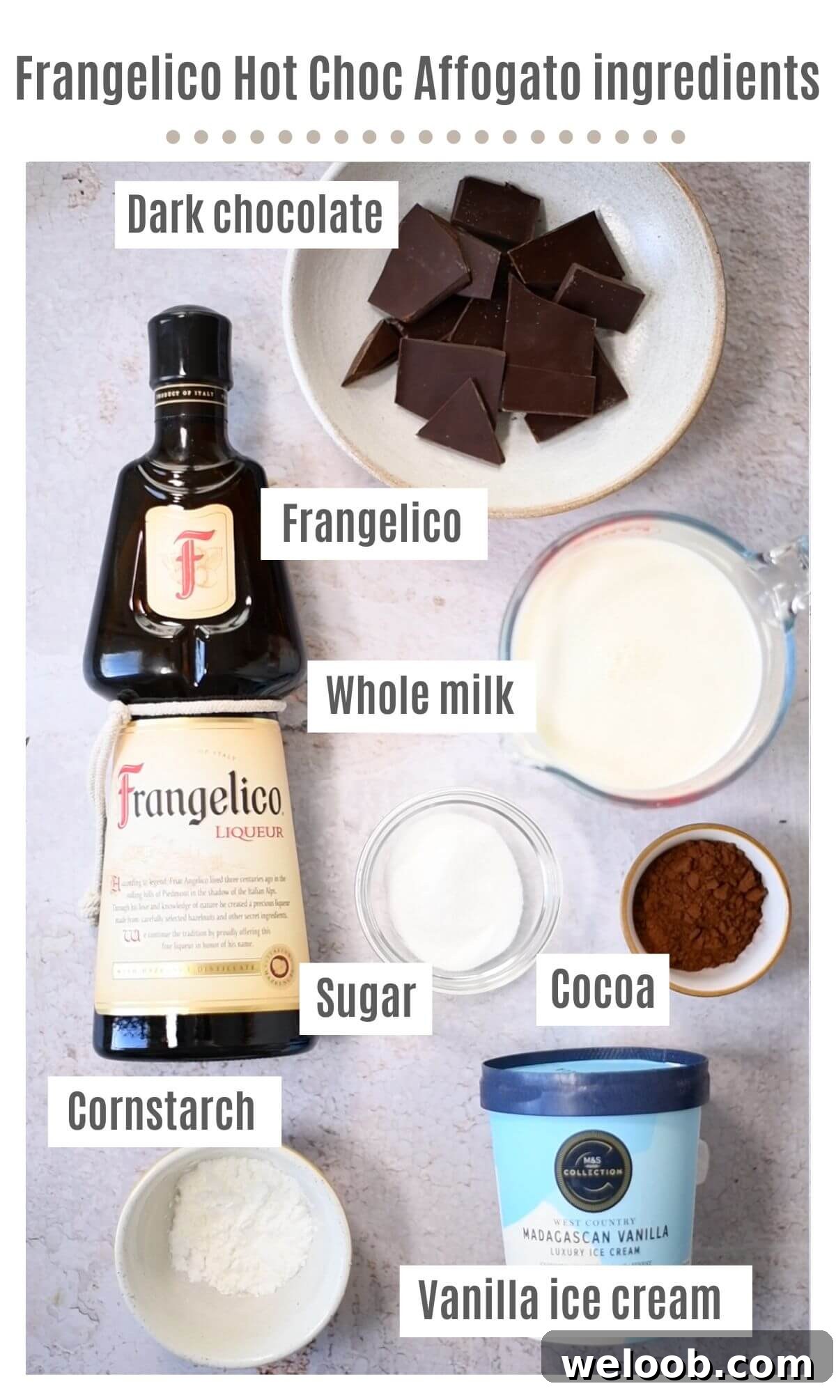 An overhead shot of all the ingredients you need to make a hot chocolate affogato with Frangelico.