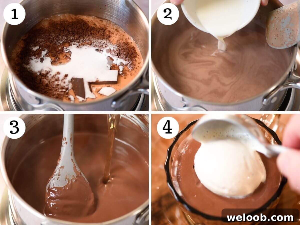 Four photos in a collage showing how to make a hot chocolate affogato with Frangelico liqueur.