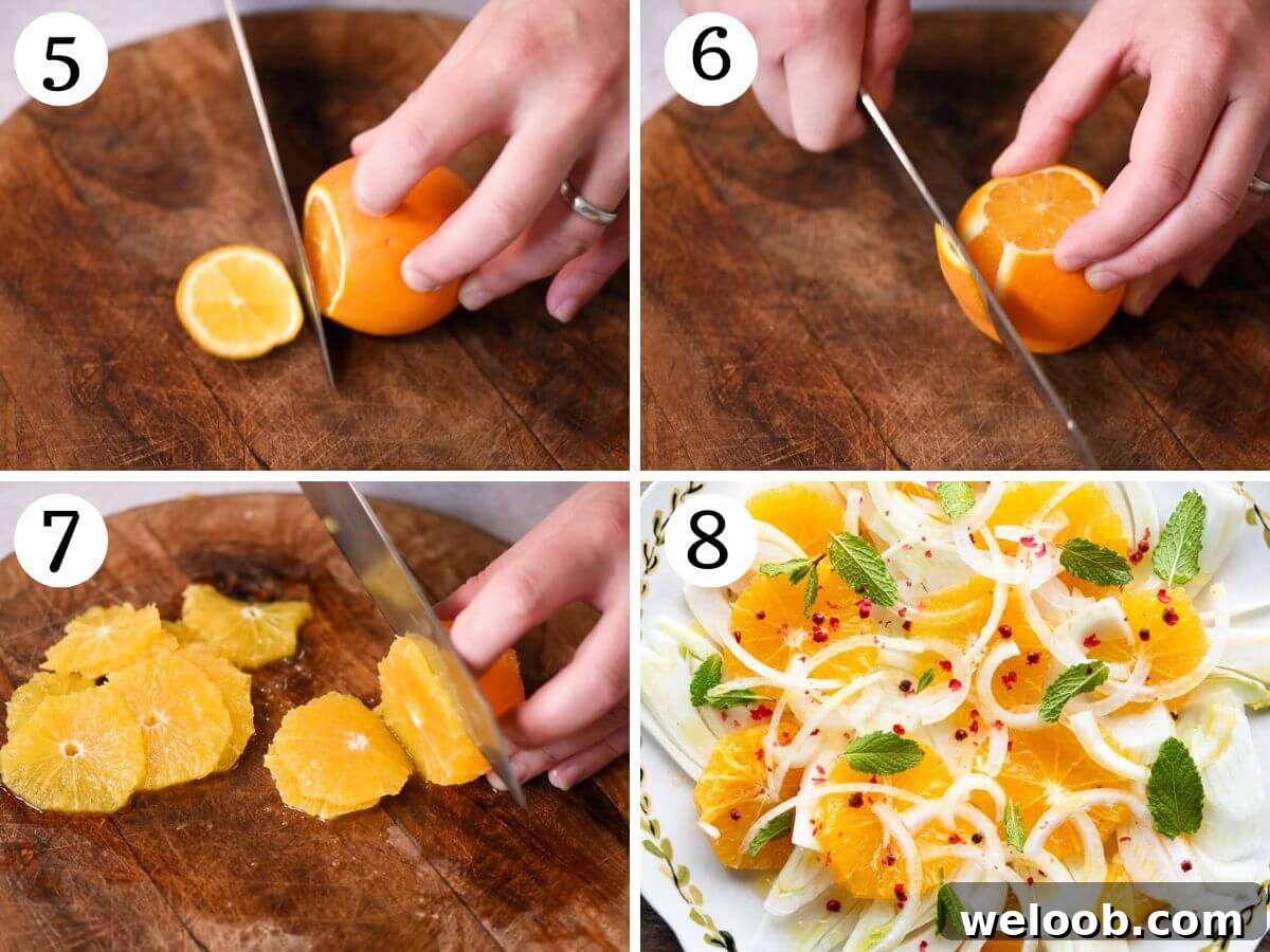 Four photos in a collage showing how to peel and slice oranges and assemble a fennel and orange salad.