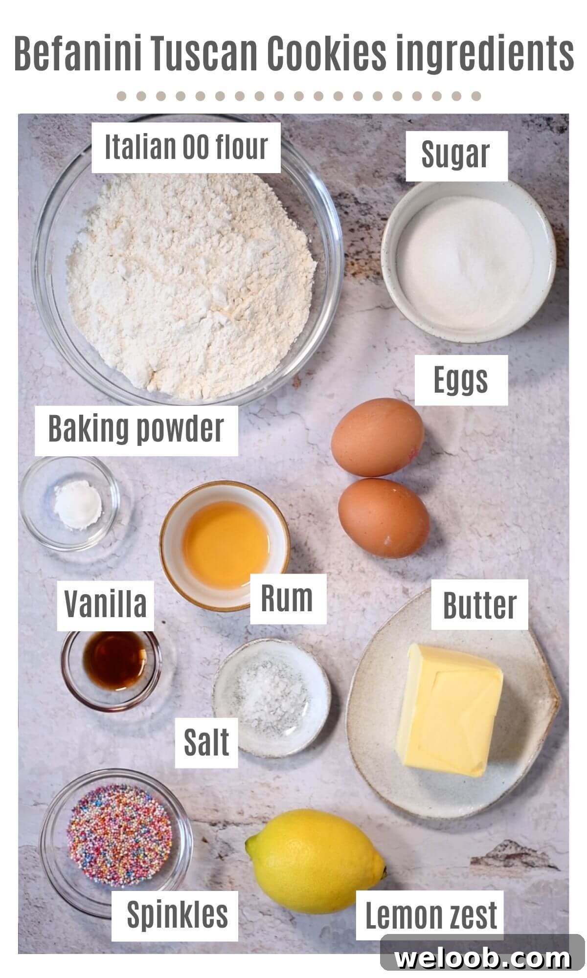 An overhead shot of all the ingredients needed to make Befanini cookies.