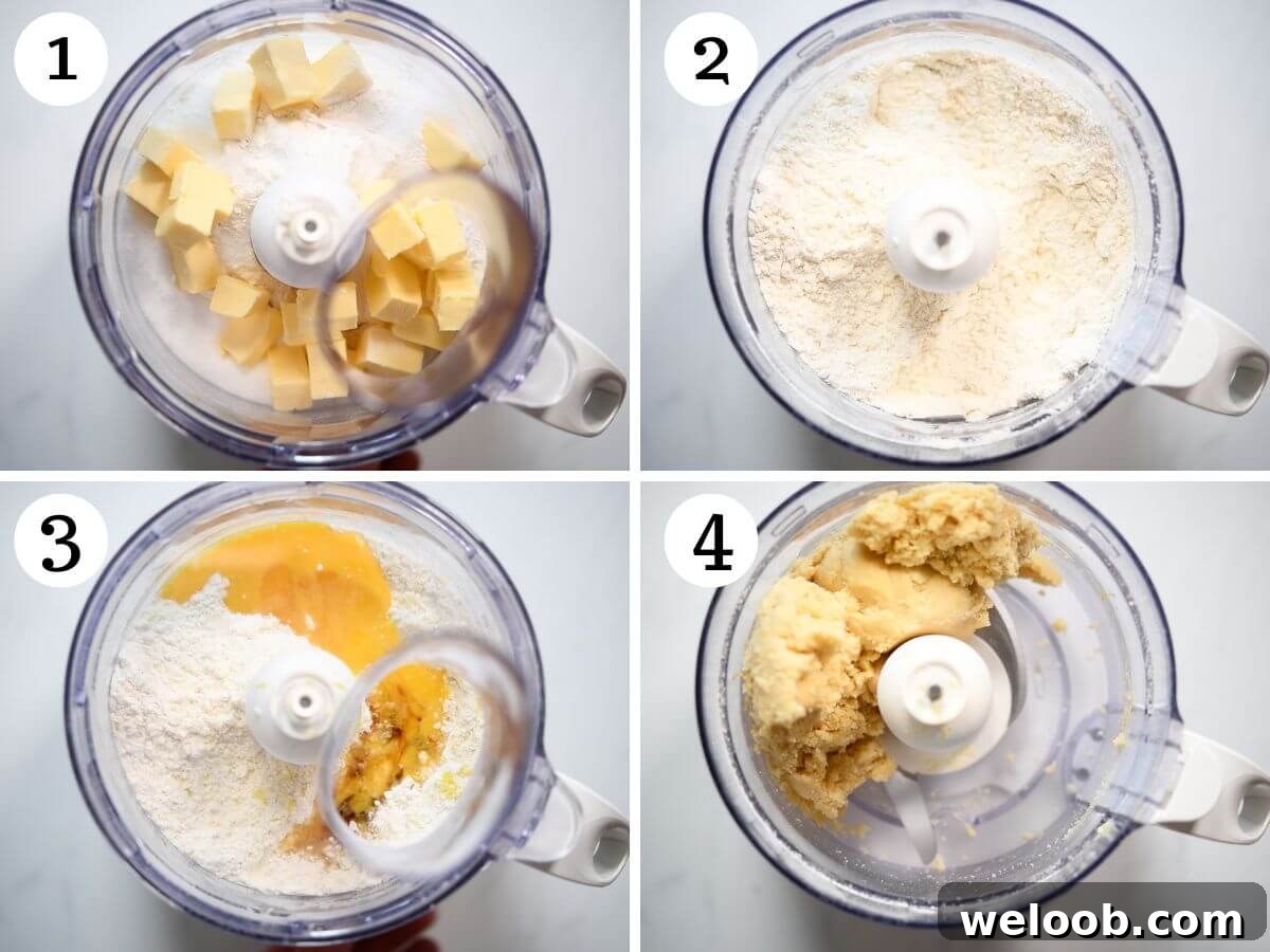 Four photos in a collage showing how to make Befanini cookie dough in a food processor.
