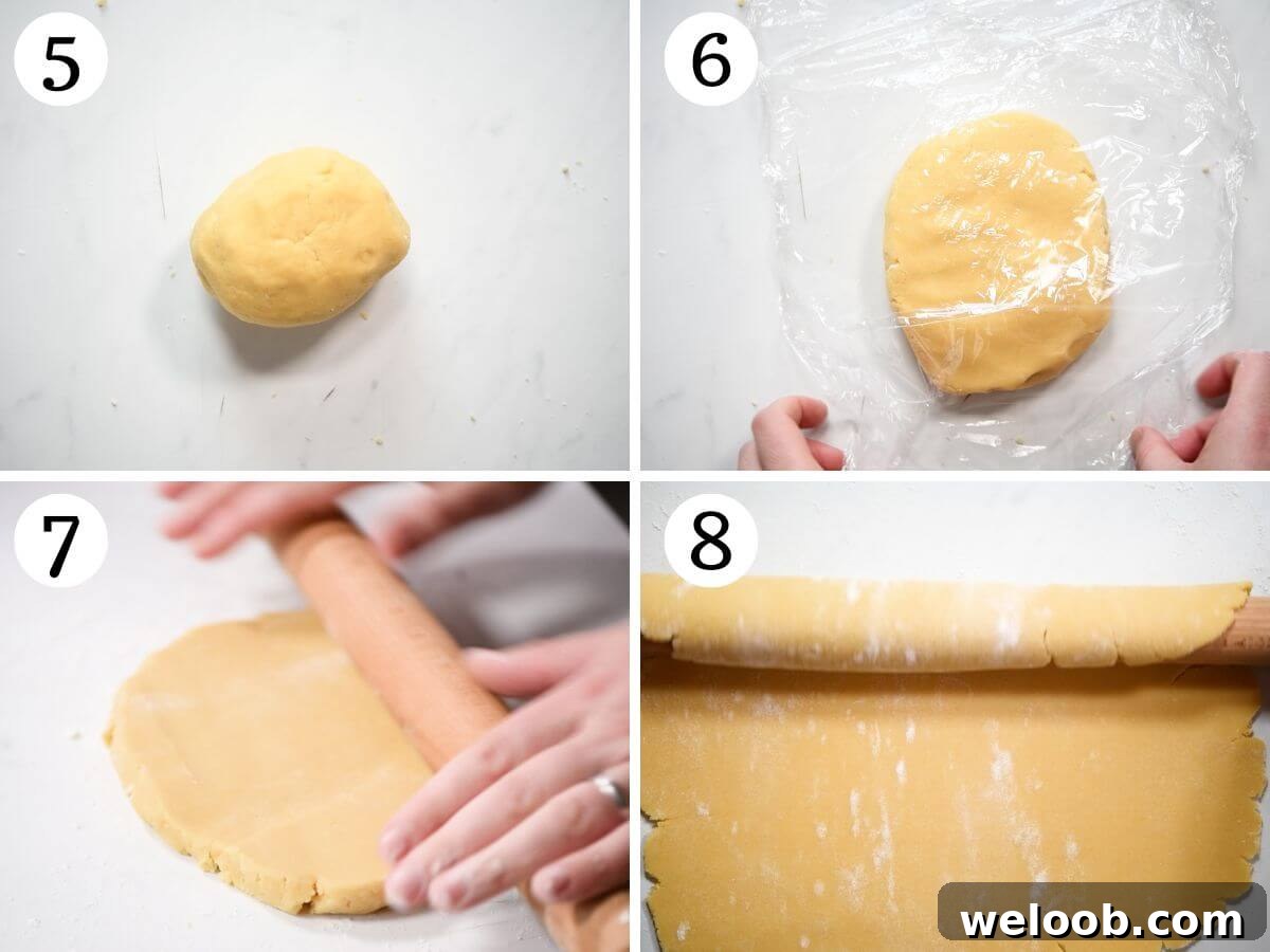 Four photos in a collage showing how to roll out cookie dough.