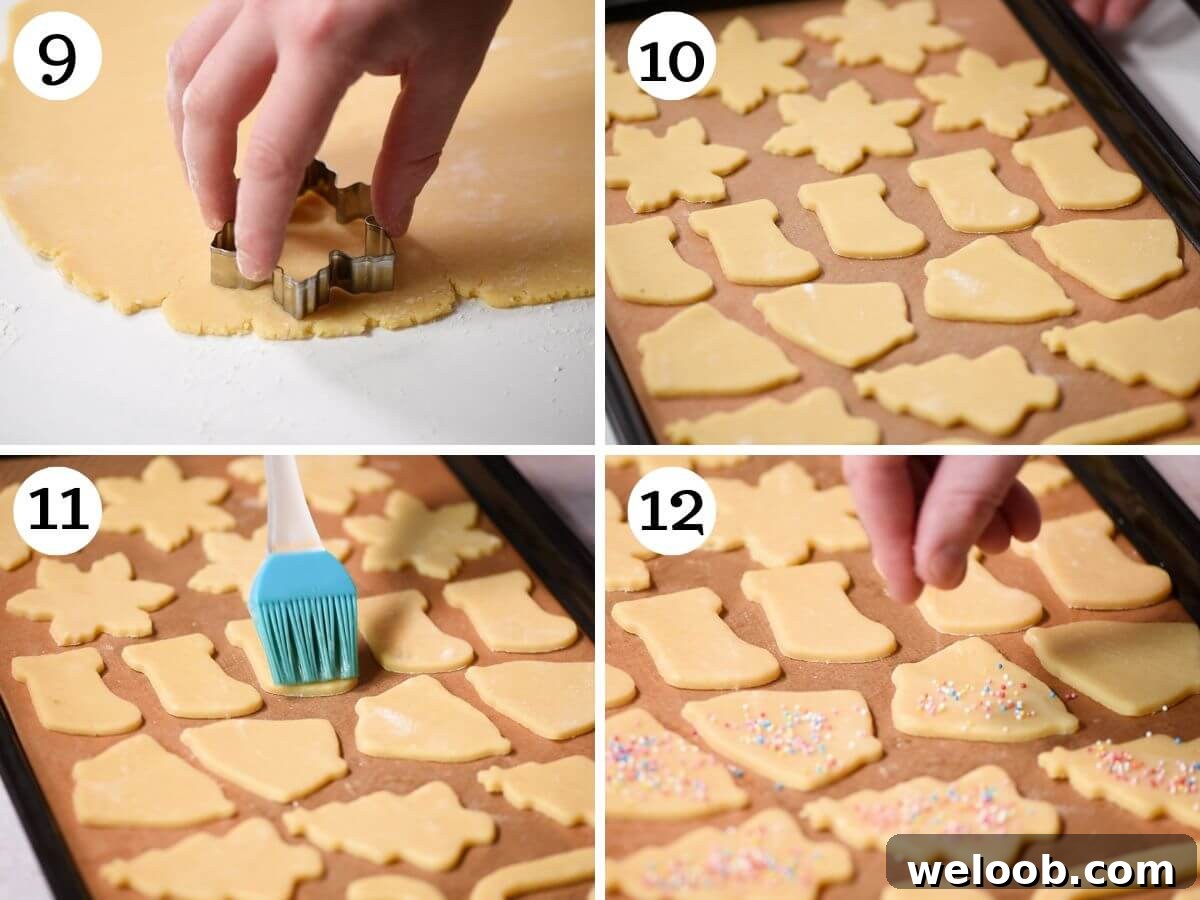 Four photos in a collage showing how to cut out and bake Befanini cookies.