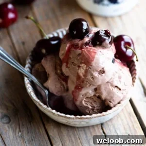 A close up of Amarena cherry chocolate ice cream scoops in a small bowl on a wooden surface.