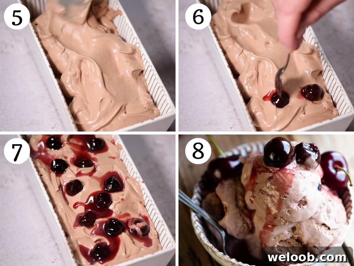 Four photos in a collage showing how to fold cherries into chocolate ice cream.