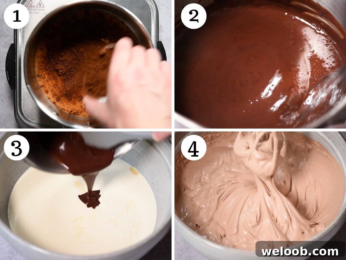 Four photos in a collage showing how to make cherry and chocolate ice cream.
