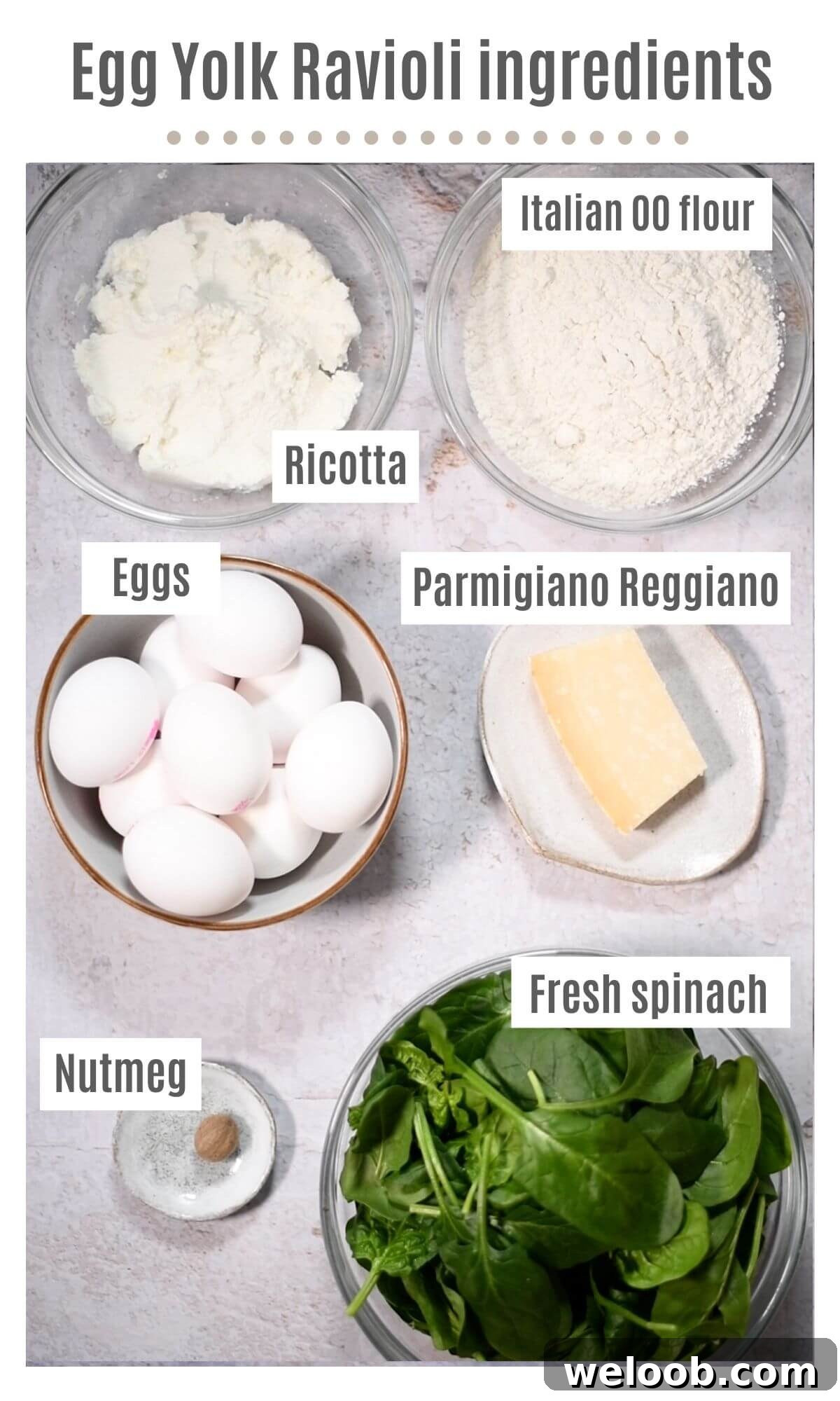 An overhead shot of all the ingredients you need to make egg yolk ravioli.
