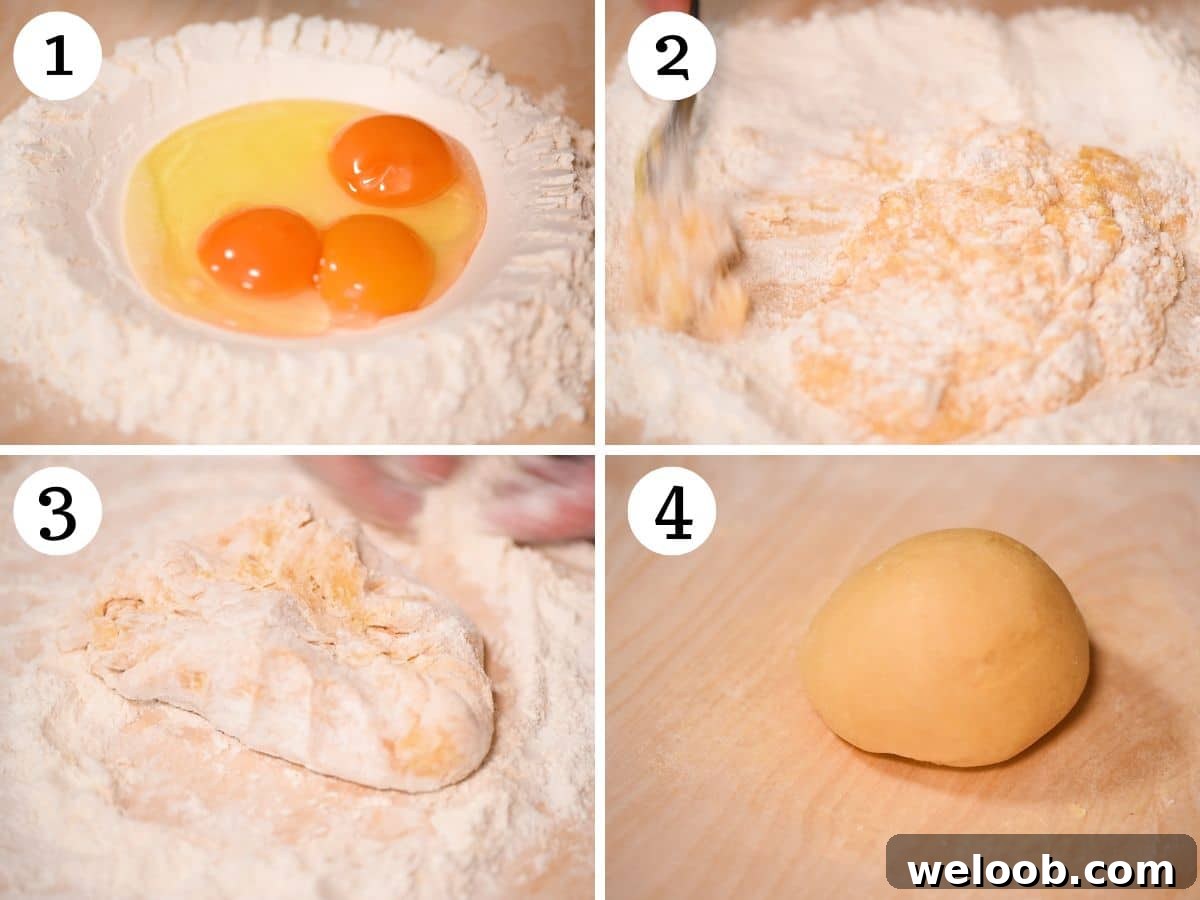 Four photos in a collage showing how to make pasta dough.