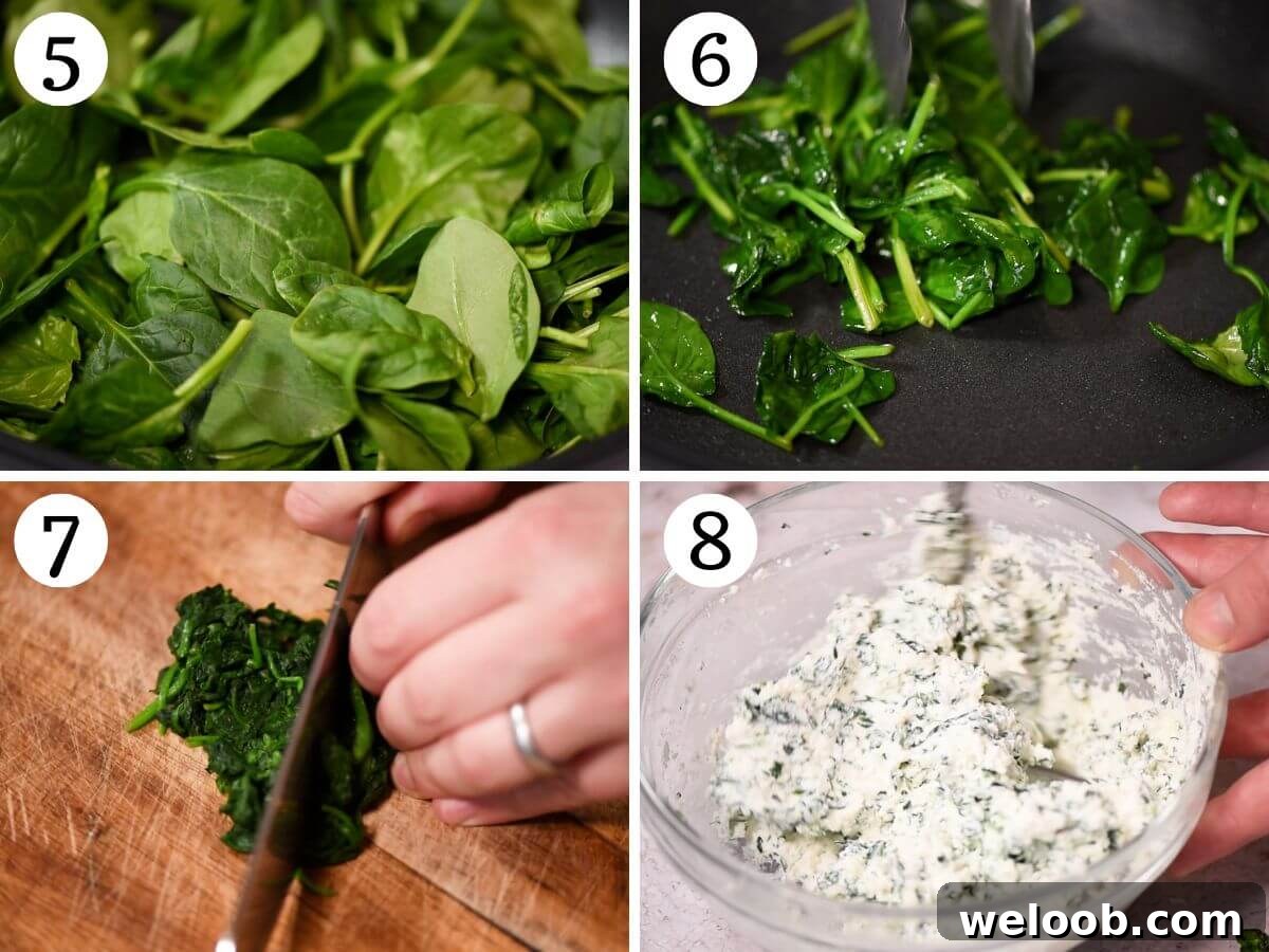 Four photos in a collage showing how to make a spinach and ricotta filling.