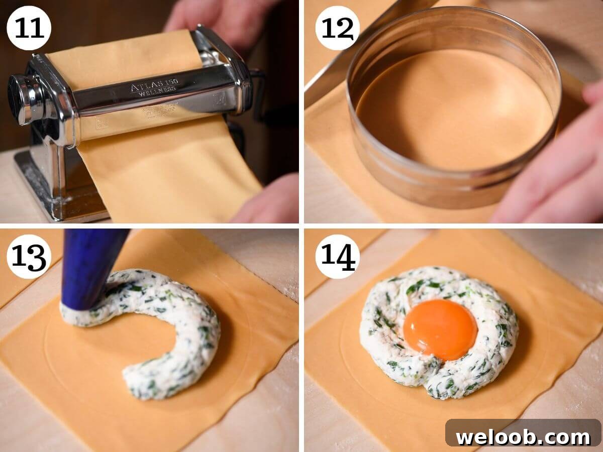 Four photos in a collage showing how to fill egg yolk ravioli.