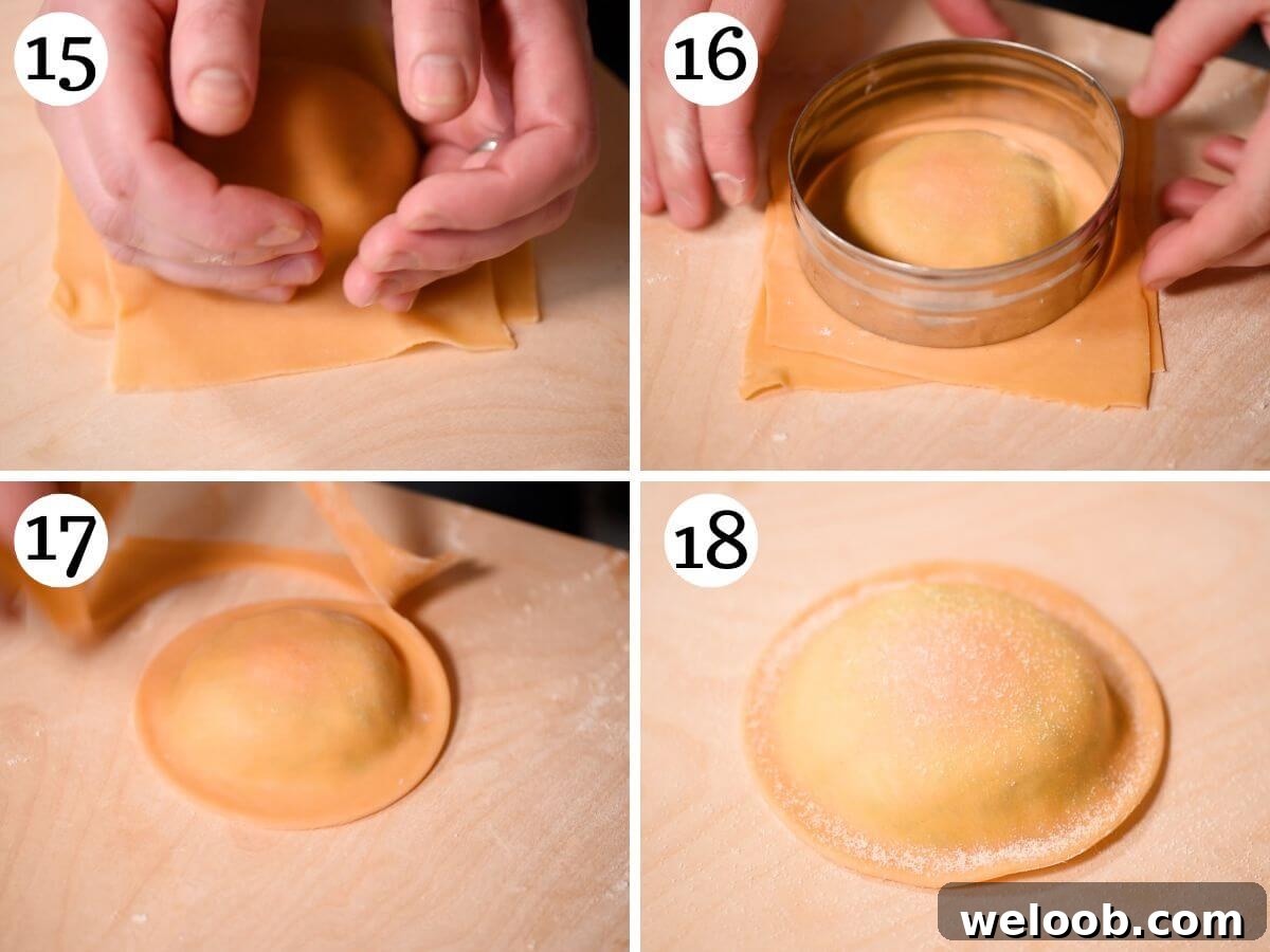 Four photos in a collage showing how to seal an egg yolk ravioli.