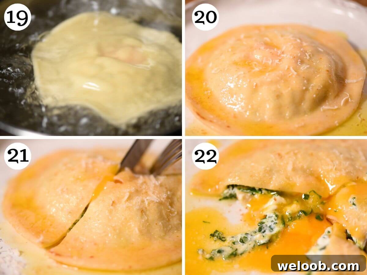 Four photos in a collage showing how to boil egg yolk ravioli and make a butter sauce.