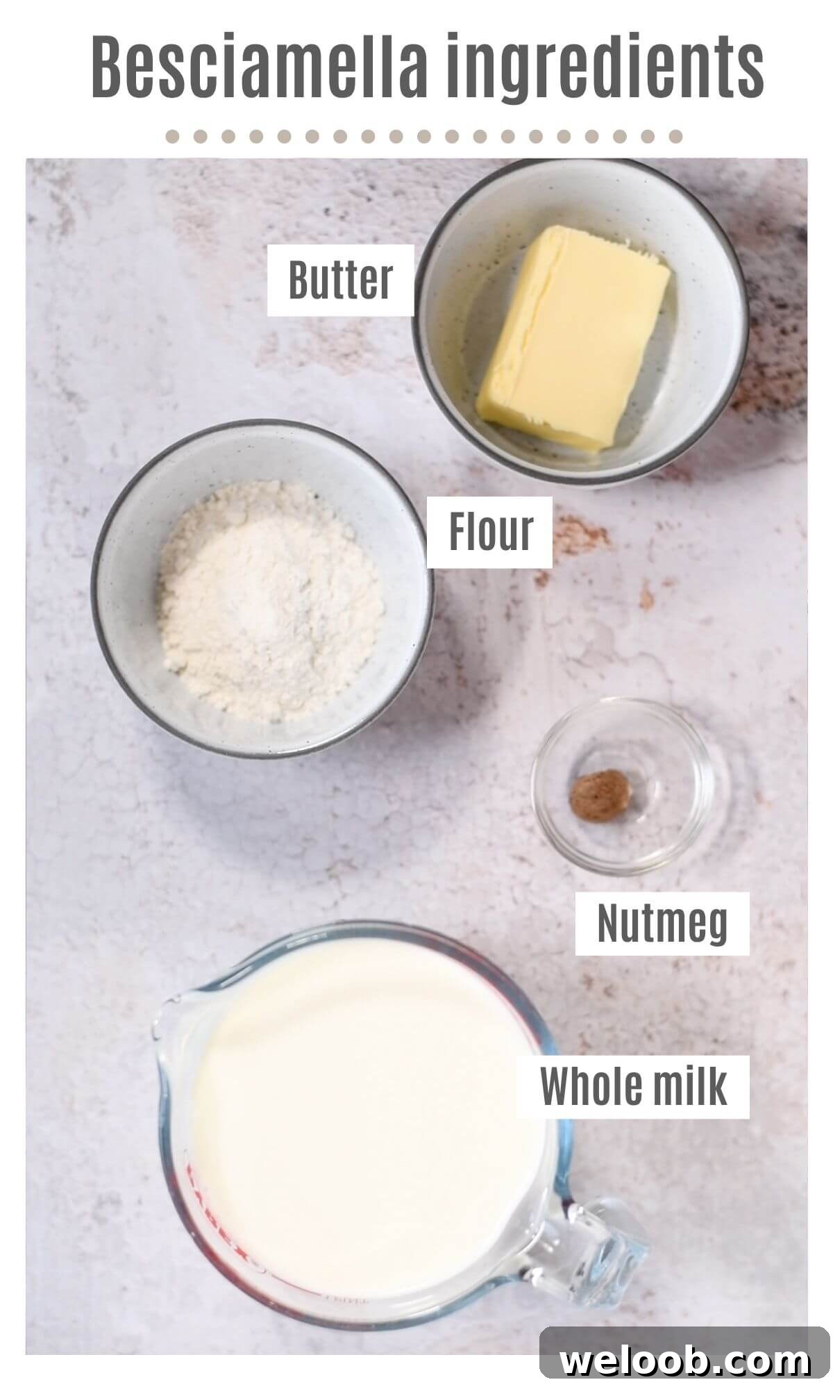 An overhead shot of all the ingredients needed to make a classic bechamel sauce.