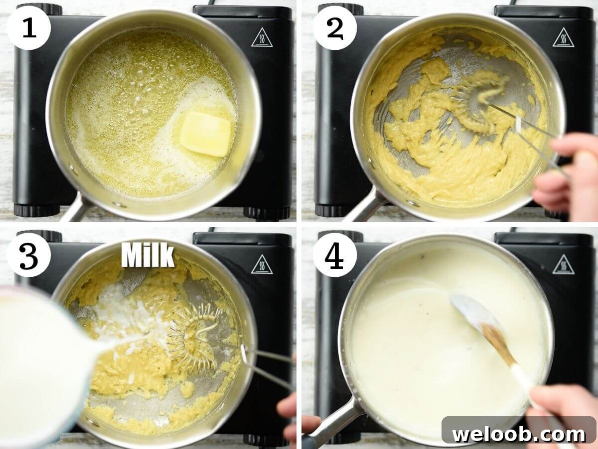 Four photos in a collage showing how to make Italian Bechamel Sauce (Besciamella) from butter, flour and milk.