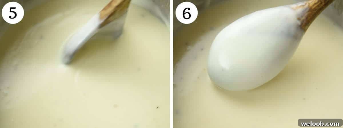 Two photos in a collage showing the consistency of Italian Bechamel Sauce.