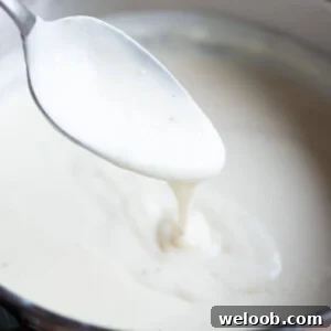 A close up of a Italian Bechamel Sauce (Besciamella) on a spoon in a pot.