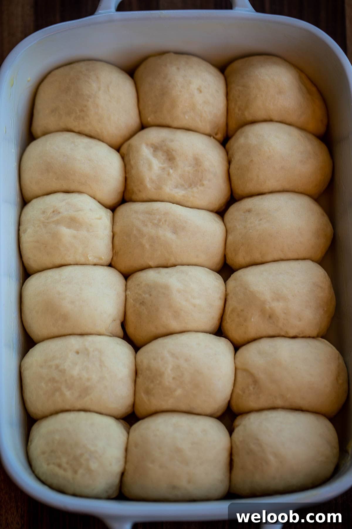 Risen rolls in baking dish