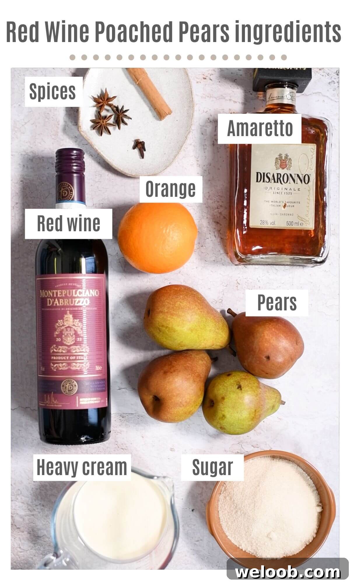An overhead shot of all the ingredients needed to make red wine poached pears with Amaretto whipped cream.