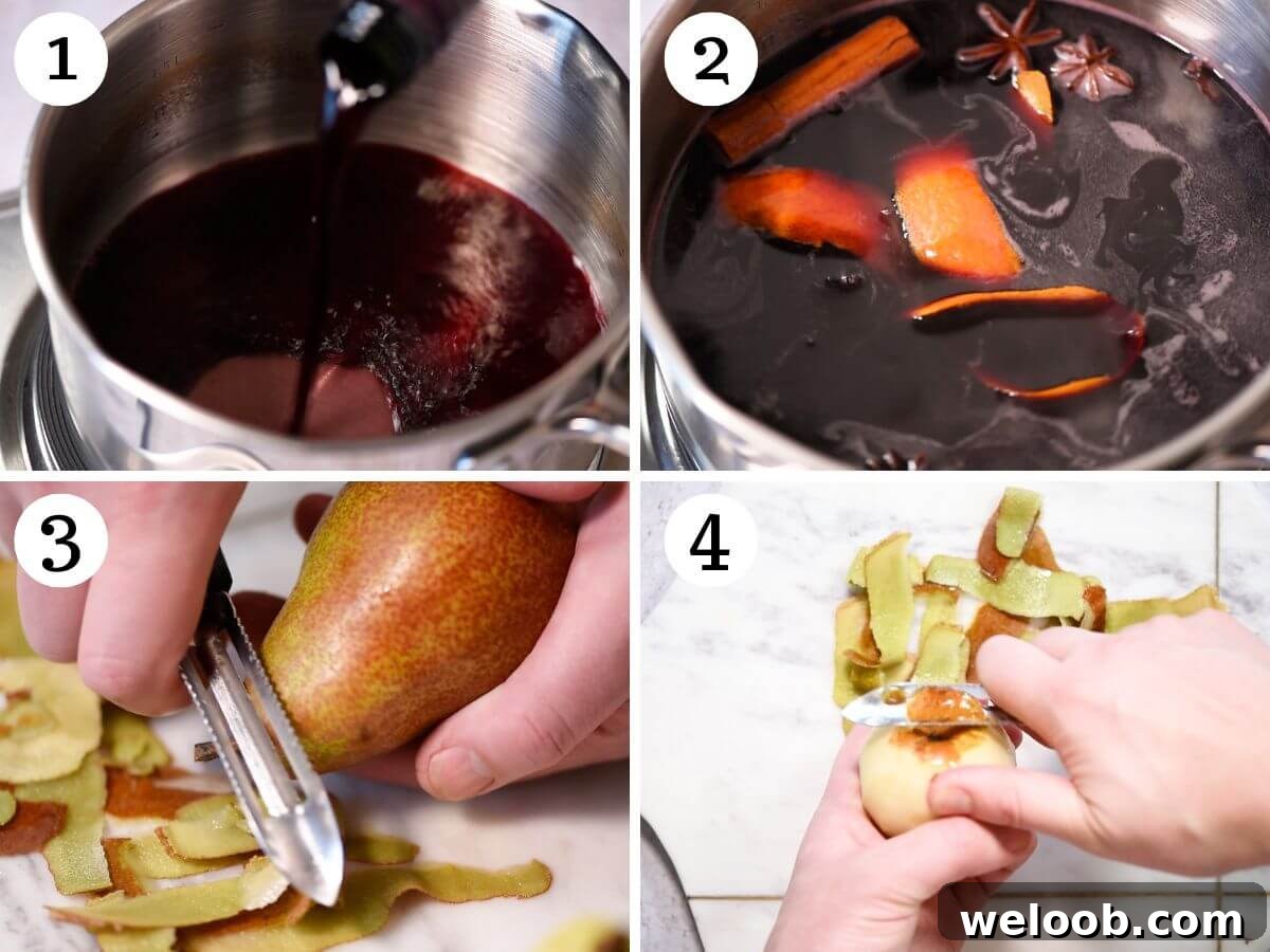 Four photos in a collage showing how to peel pear and get the red wine poaching liquid ready.