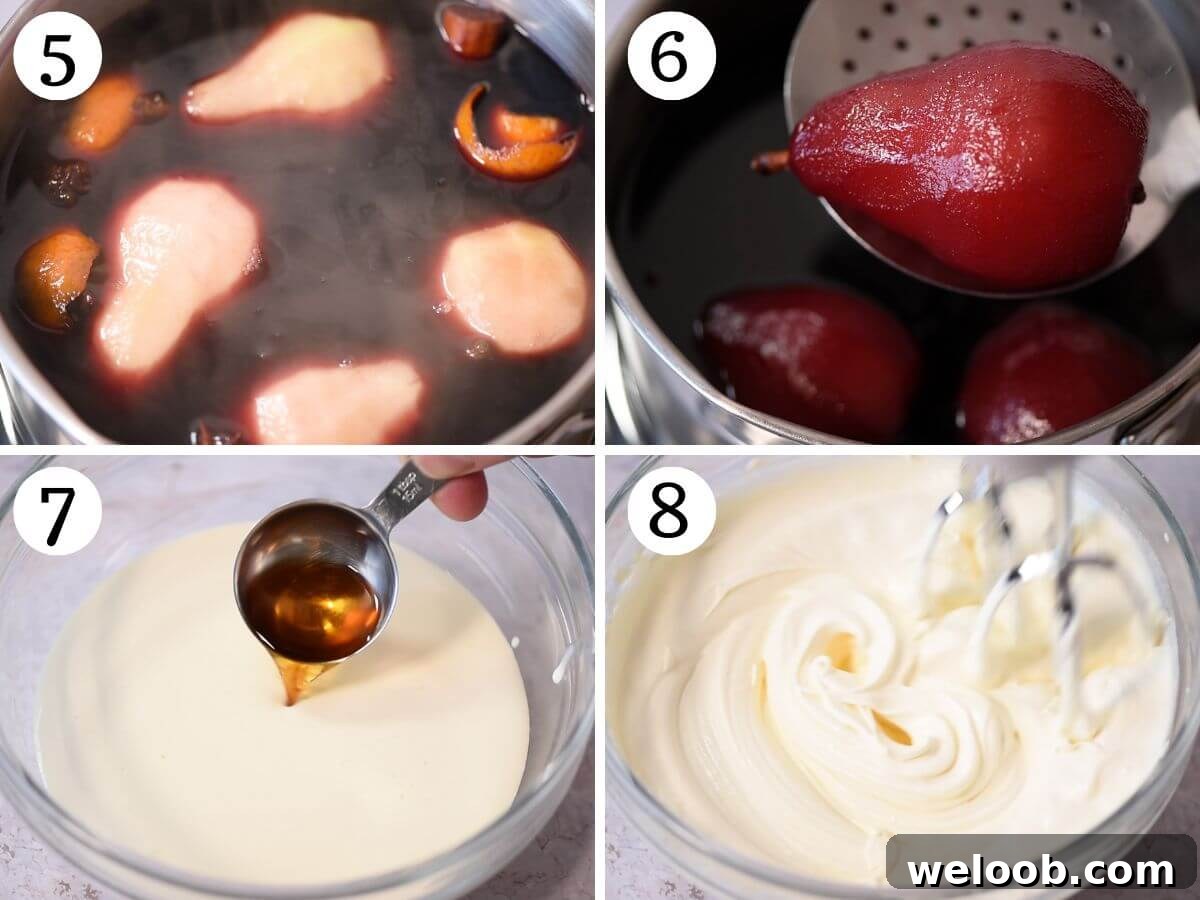 Four photos in a collage showing how to poach pears in red wine and make an Amaretto whipped cream.