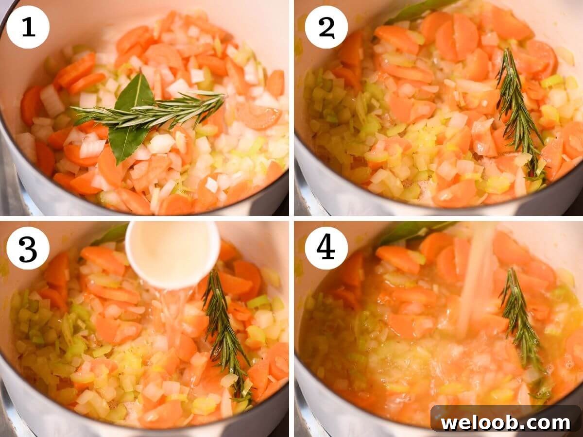 Four photos in a collage showing how to saute vegetables and herbs to make lemon chicken orzo soup.