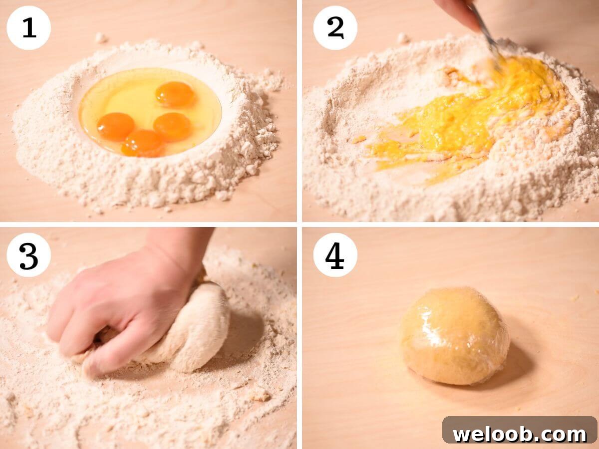 Four photos in a collage showing how to make homemade pasta dough.