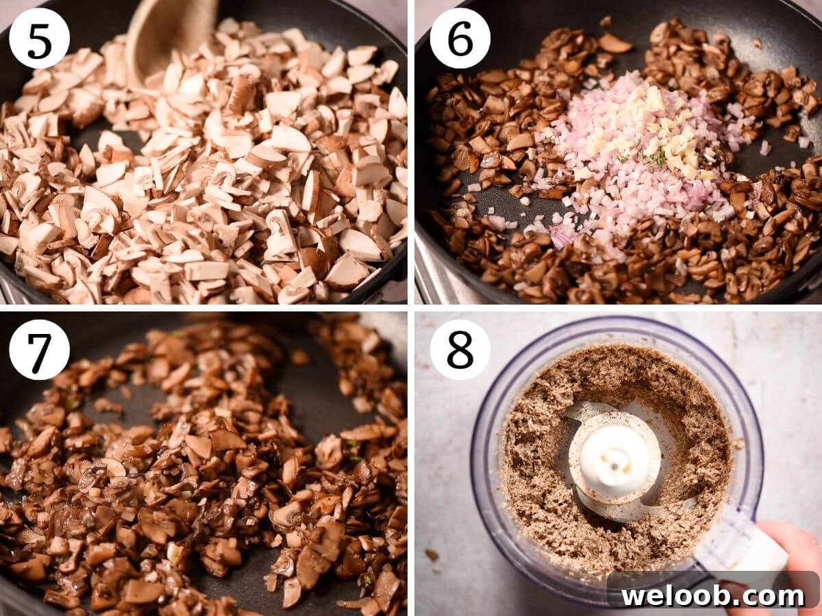 Four photos in a collage showing how to make a mushroom and taleggio filling for pasta.